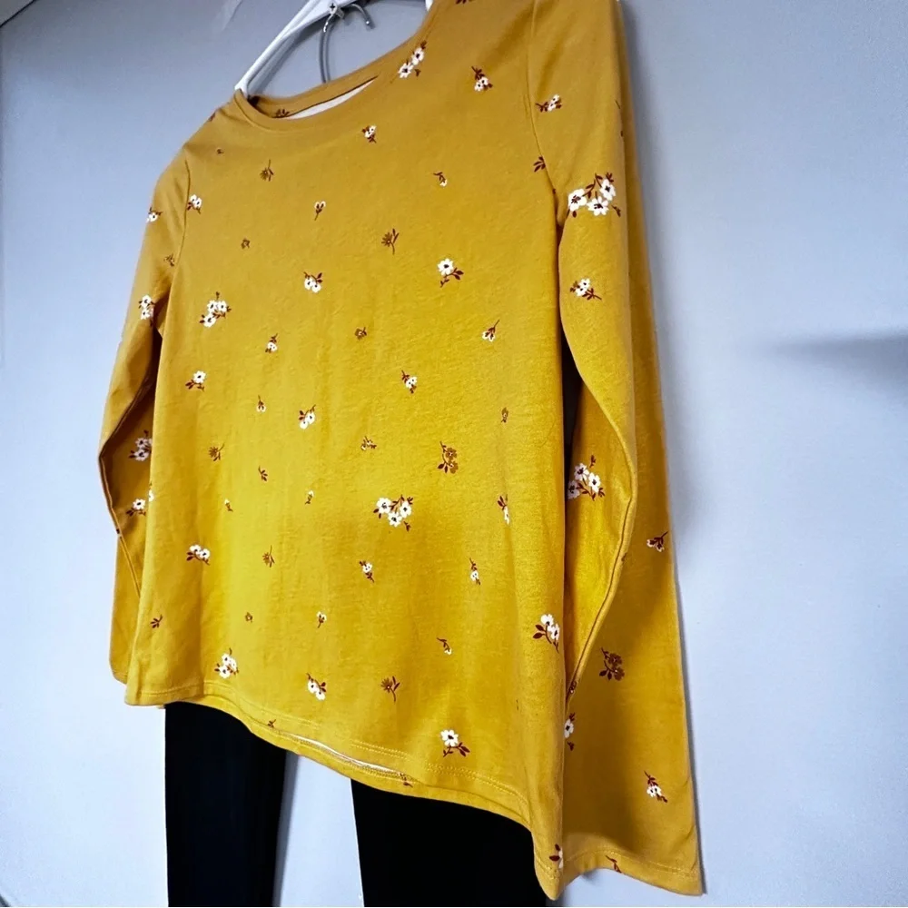 Girls New Yellow Floral Long Sleeve Tee with Black Warm Leggings, L (10-12)
